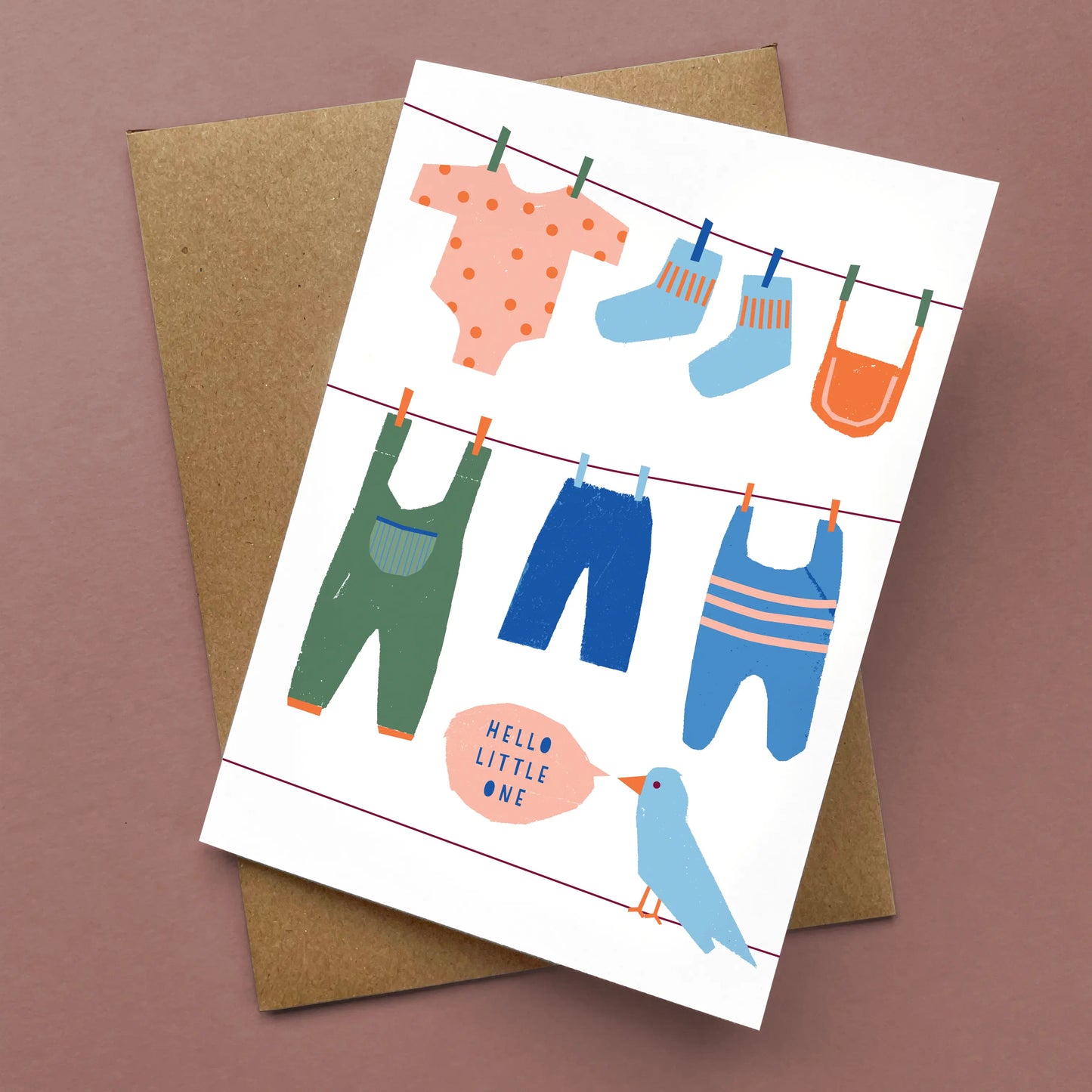 Hello Little One greeting card featuring baby clothes on clotheslines and a blue bird with speech bubble, Cards, All, Other Occasions