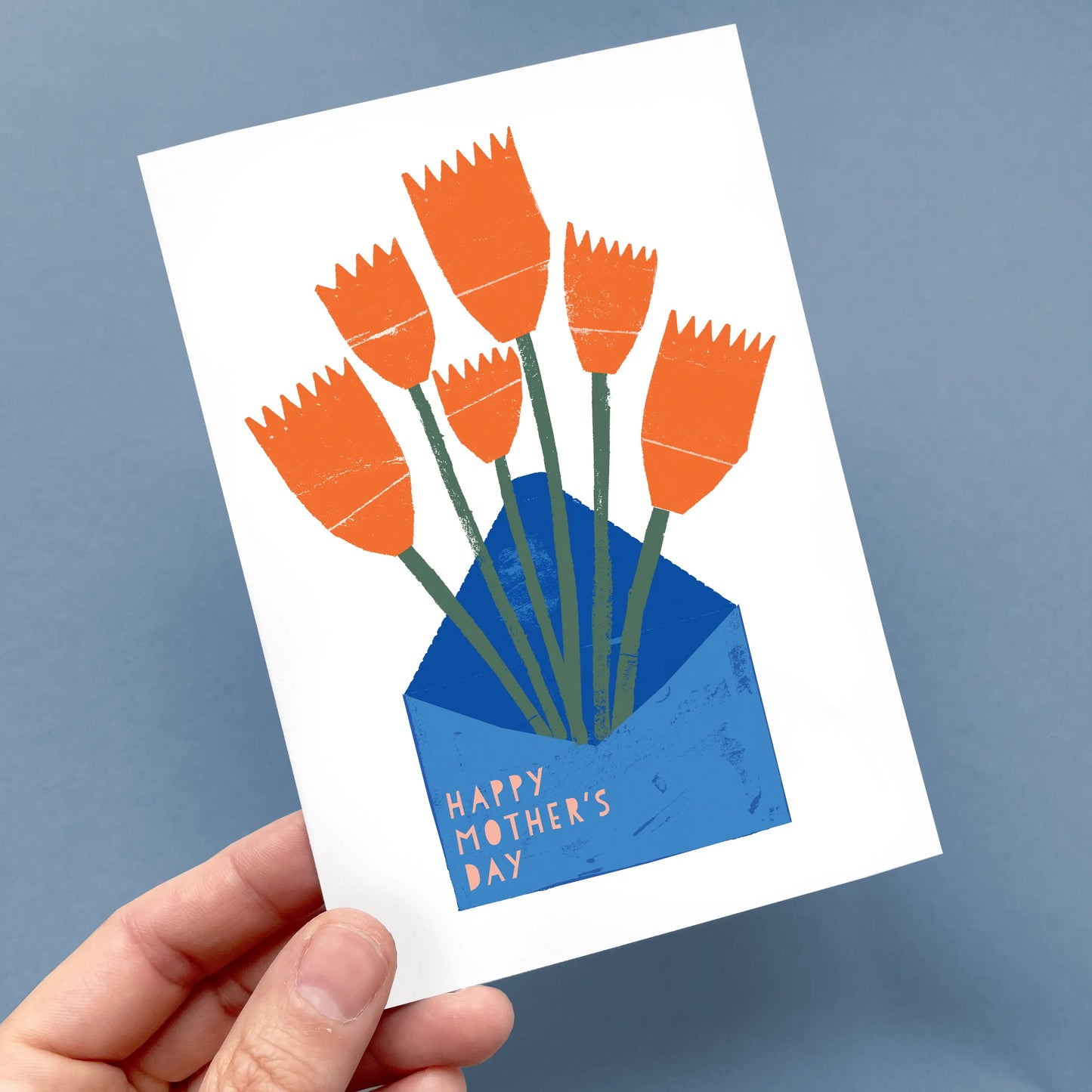 Happy Mothers Day greeting card with bright orange tulips bursting from blue envelope illustration Cards All Other Occasions