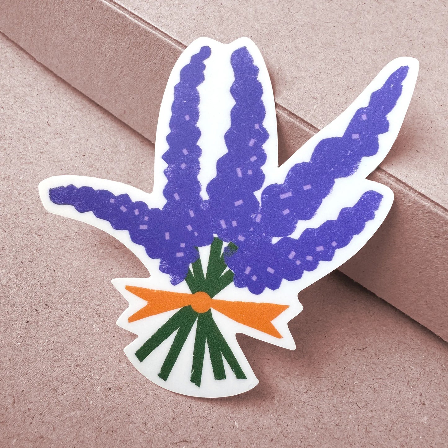 A vinyl sticker of a bouquet of wild lupines leaning slightly at an angle, showcasing its vibrant colors, matte finish, and weatherproof durability.