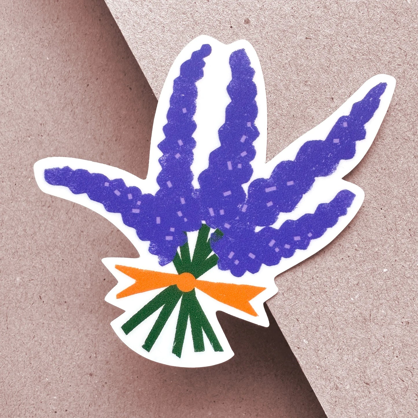 A vinyl sticker featuring a bouquet of wild lupines in purple, with green stems and an orange ribbon. Printed on durable matte vinyl with a strong adhesive backing.