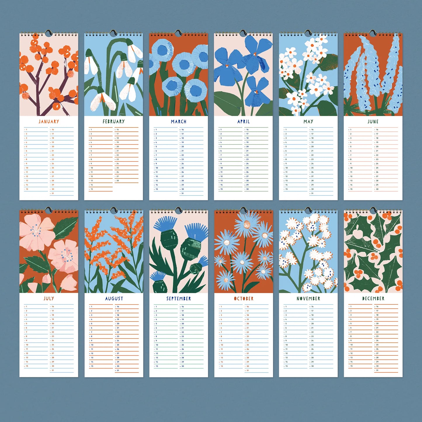Twelve-month overview of the 2026 Kautzi wall calendar featuring floral paper cut illustrations inspired by the Maritimes