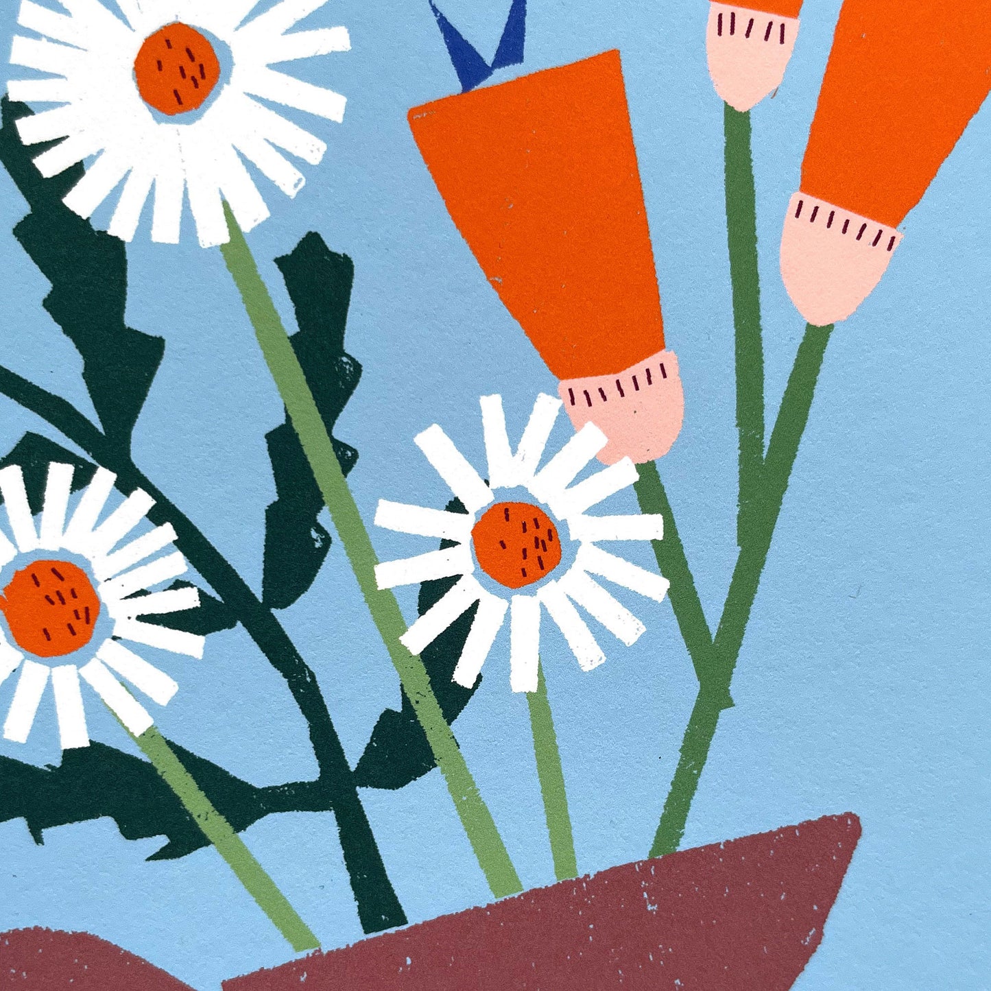 Paper cut illustration of white daisies and orange tulips in a rustic vase against blue background - Flowers 8 x 10 Print