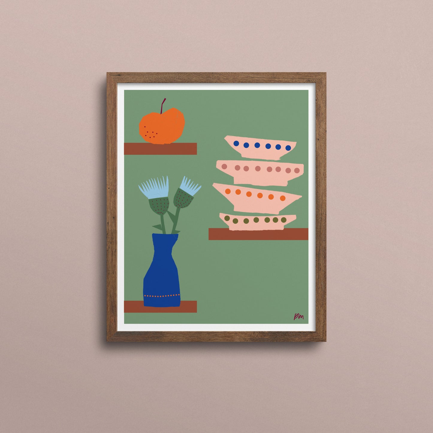 Kitchen Shelves print by Kautzi with polka dot bowls, blue thistle vase, and orange apple on wooden shelves against sage green.