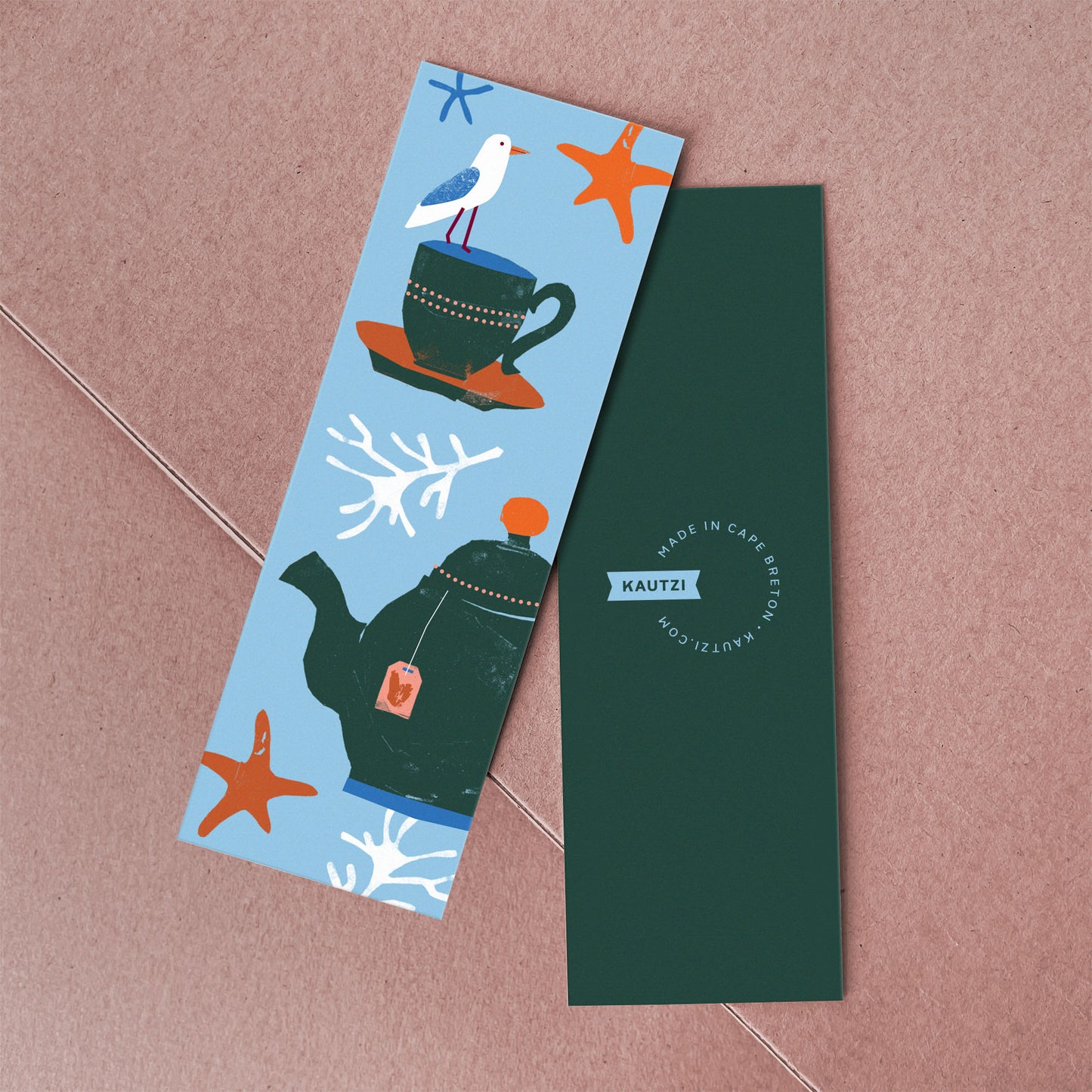 Tea Time bookmark featuring whimsical teapot, teacup with seagull, and coastal starfish design on blue background | Bookmarks, All, Printed Goods