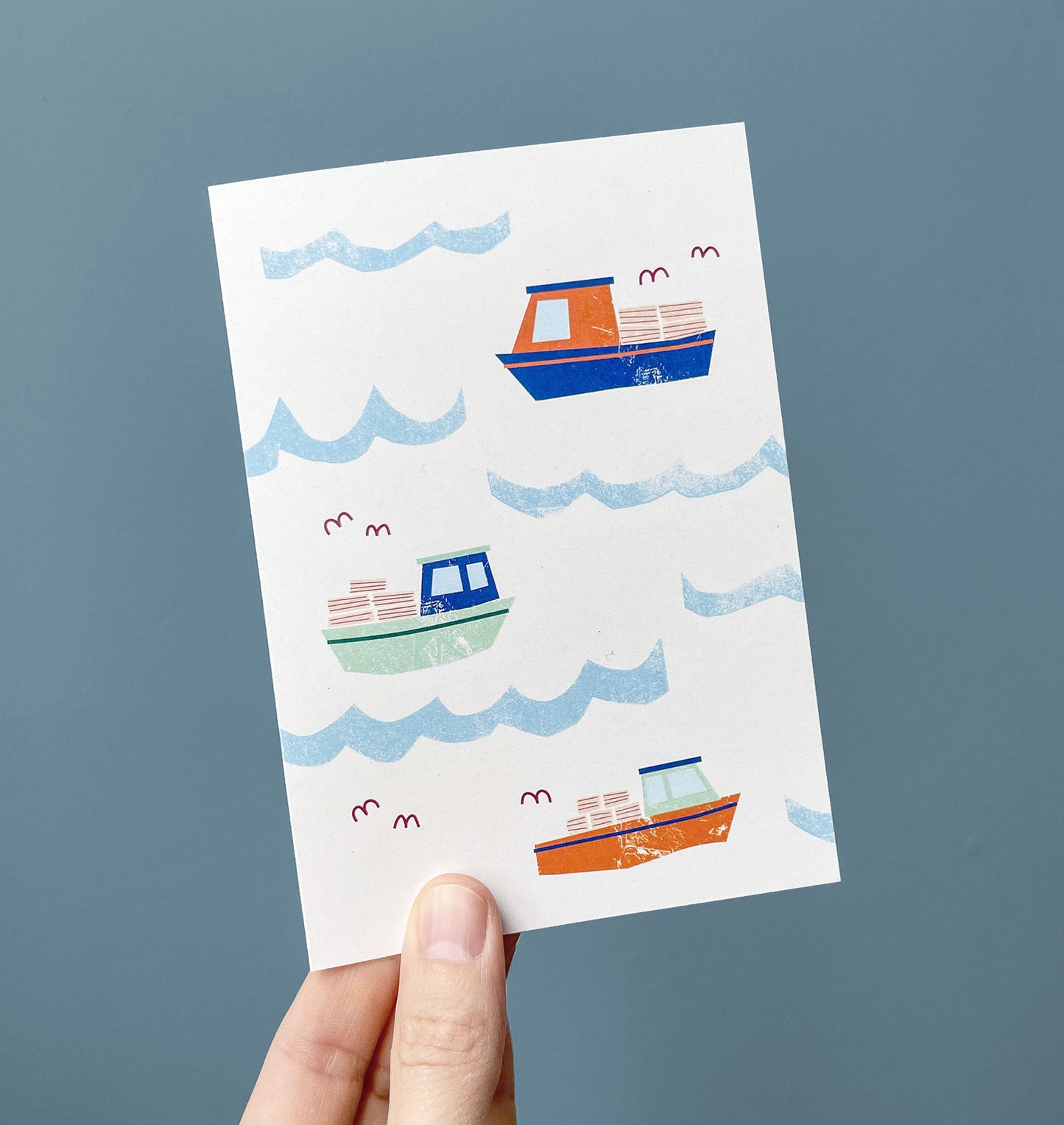 Greeting Card Lobster Boats featuring colorful fishing vessels floating on gentle waves, illustrated in a whimsical Maritime style
