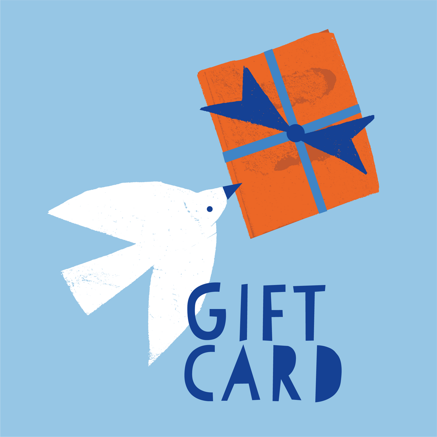White dove carrying an orange gift box with a blue ribbon against a light blue background. Gift card by Kautzi.