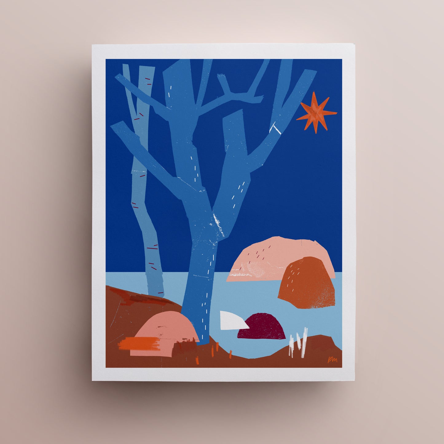 Winter Coastline print featuring bare trees against deep blue sky, with coastal rocks and bright star at dusk