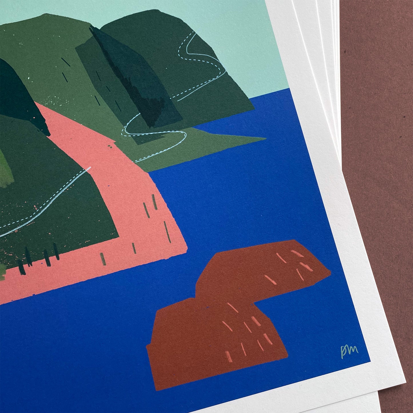 Abstract illustration of Cabot Trail featuring rolling green hills and coastal cliffs in bold colors against deep blue water, 11 x 14 print