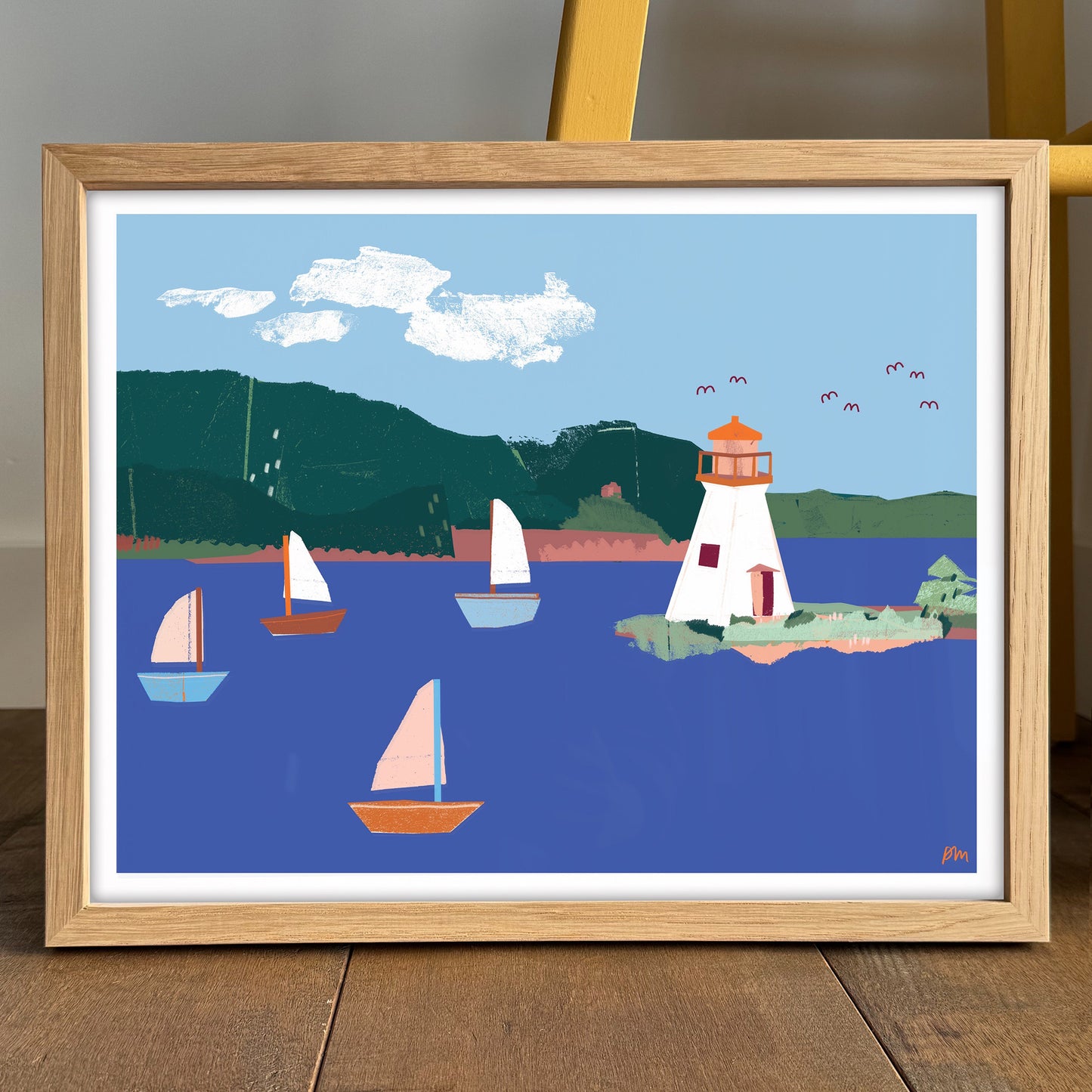 Kidston Island Lighthouse by Kautzi. 11x14 art print showing colourful sailboats on the Bras d'Or Lake with white lighthouse and green hills.