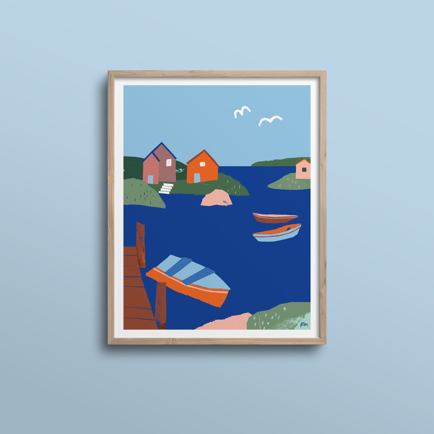 Colorful illustration of Peggy's Cove showing boats on blue water, coastal houses, and seaside landscape in a minimalist style. Prints, All