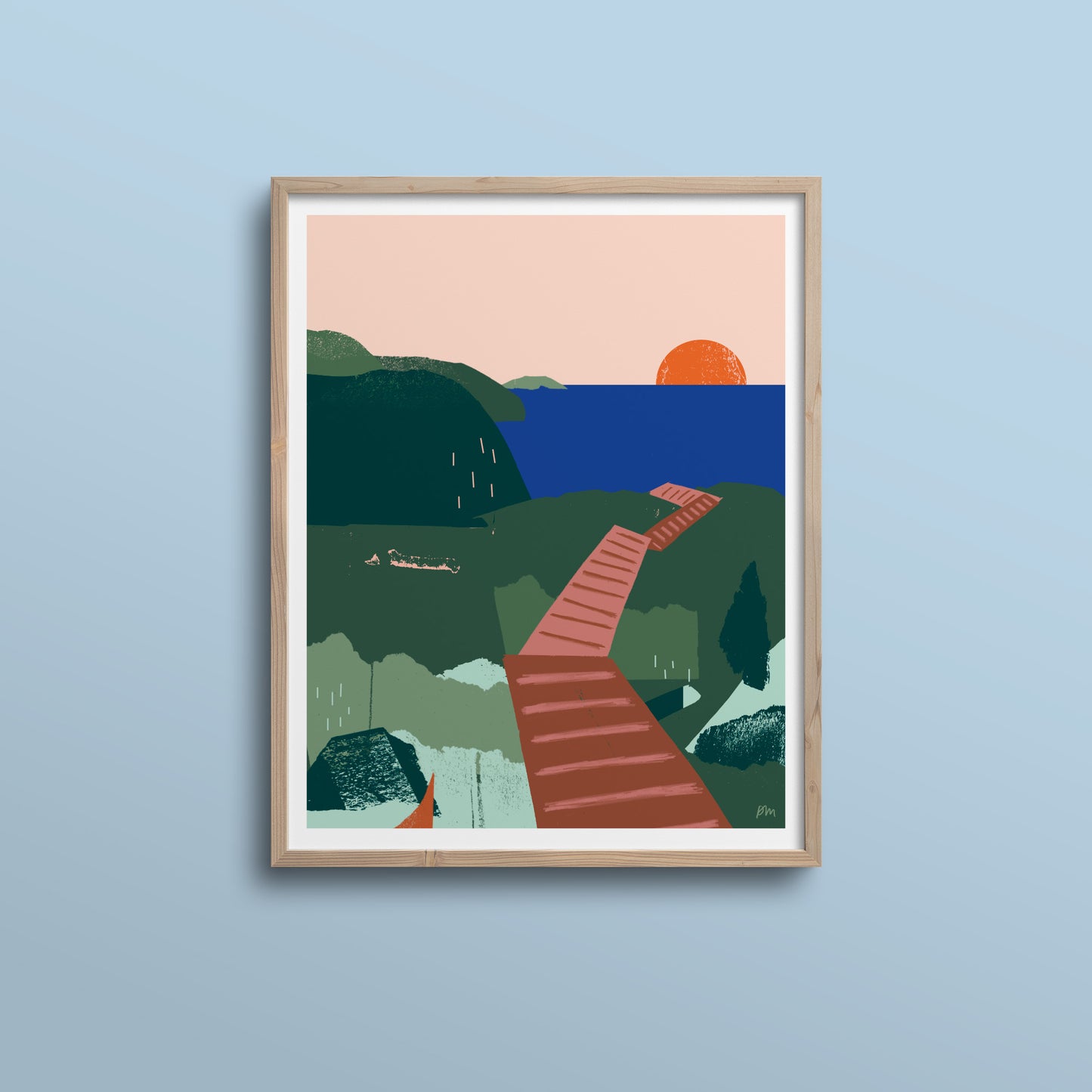 Skyline Trail print featuring a winding boardwalk path leading to ocean sunset, illustrated in minimalist paper cut style