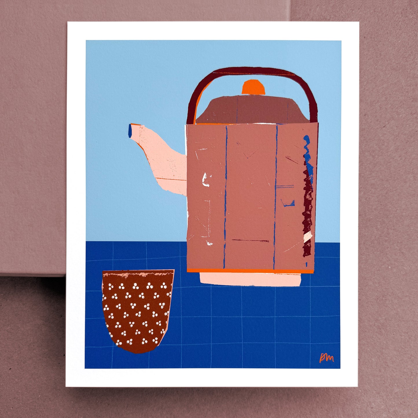 Artful illustration of Cup of Tea featuring handcrafted teapot and sipper cup on blue surface, 8 x 10 fine art print by Kautzi Illustrations