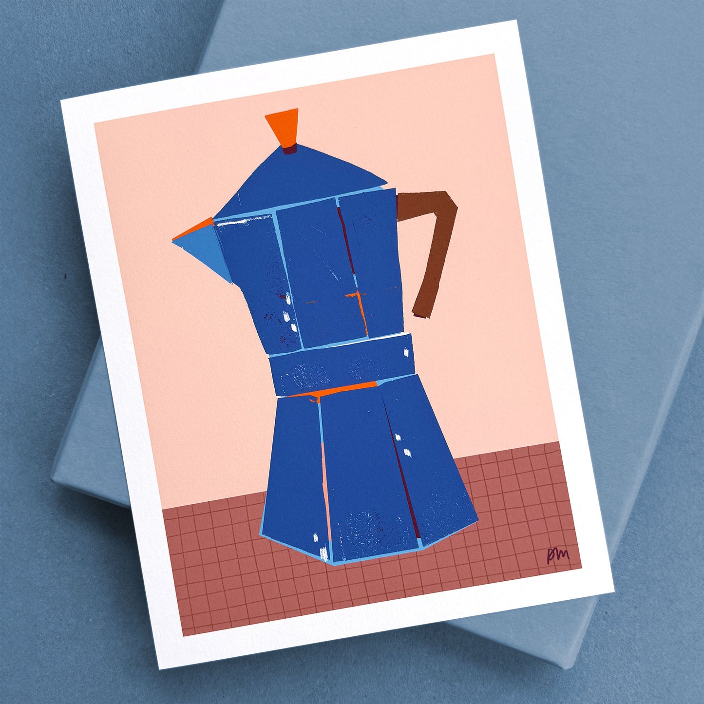 Stylized blue Italian moka pot illustration on pink background, Espresso 8 x 10 Print, Prints, All, 8 x 10 Prints