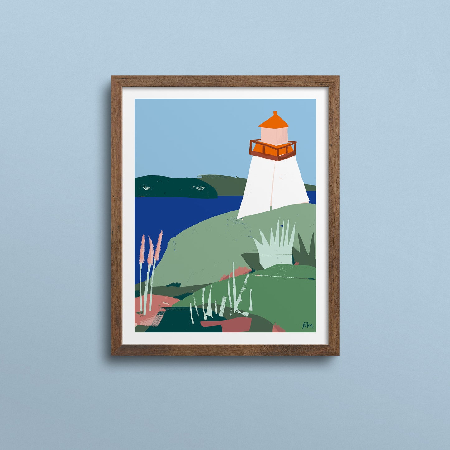 Neils Harbour Lighthouse art print by Kautzi. A minimalist coastal illustration of a Cape Breton lighthouse amid green hills.