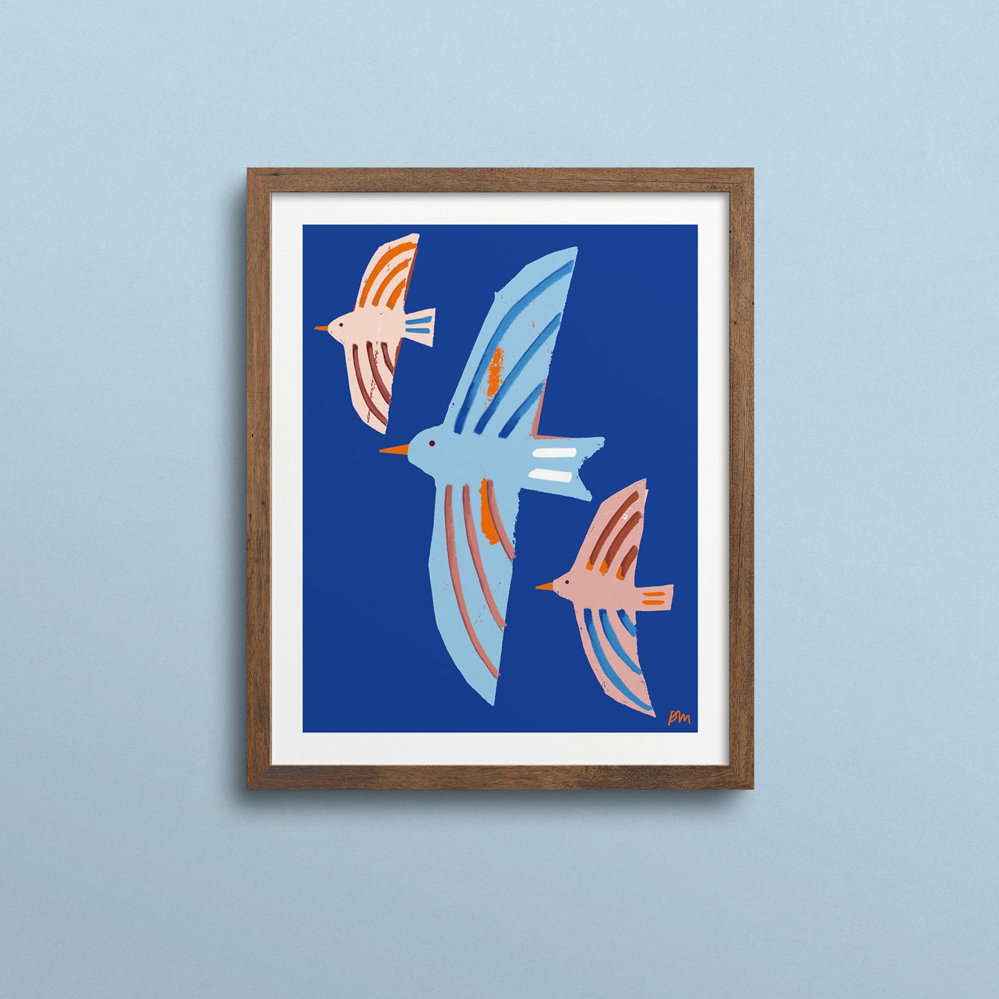 Three Birds - stylized illustration of coral and blue birds soaring against deep blue background in wooden frame