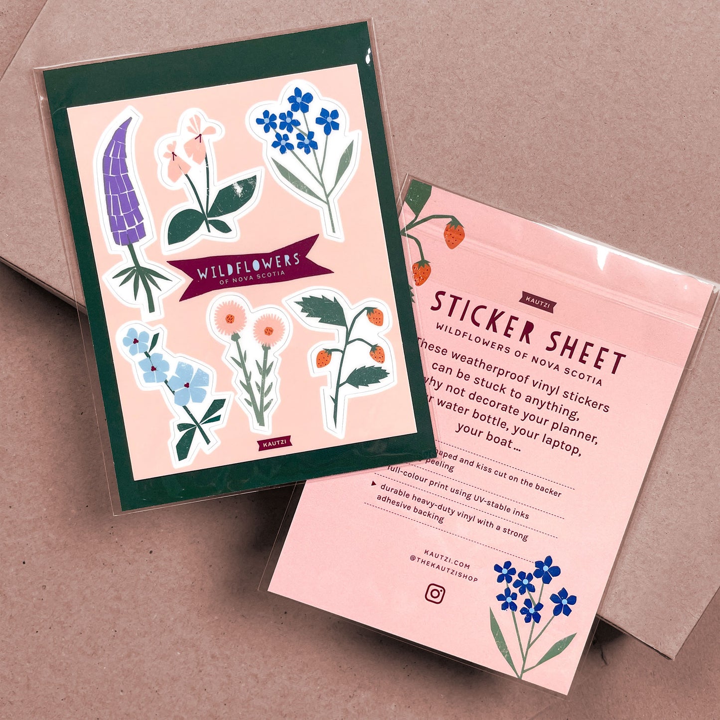 Sticker Sheet Wildflowers featuring colorful Nova Scotia flora illustrations on pink background with decorative banner