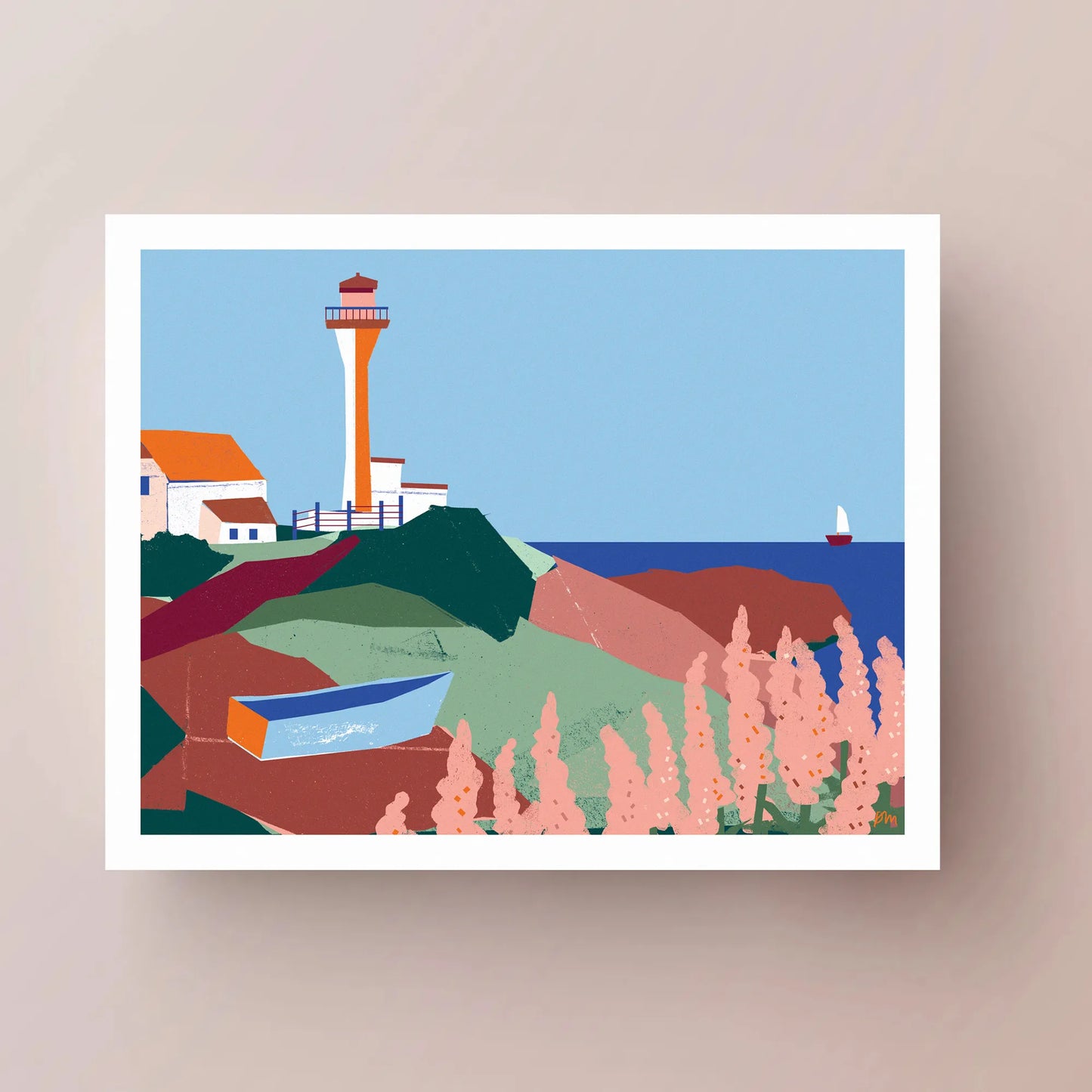 Kautzi's Cape Forchu lighthouse art print shown flat on a warm beige surface. Bold collage-style illustration featuring the distinctive orange-and-white lighthouse tower, keeper's buildings, pink lupins, and a dory on the rocks. Printed in Nova Scotia, Canada.