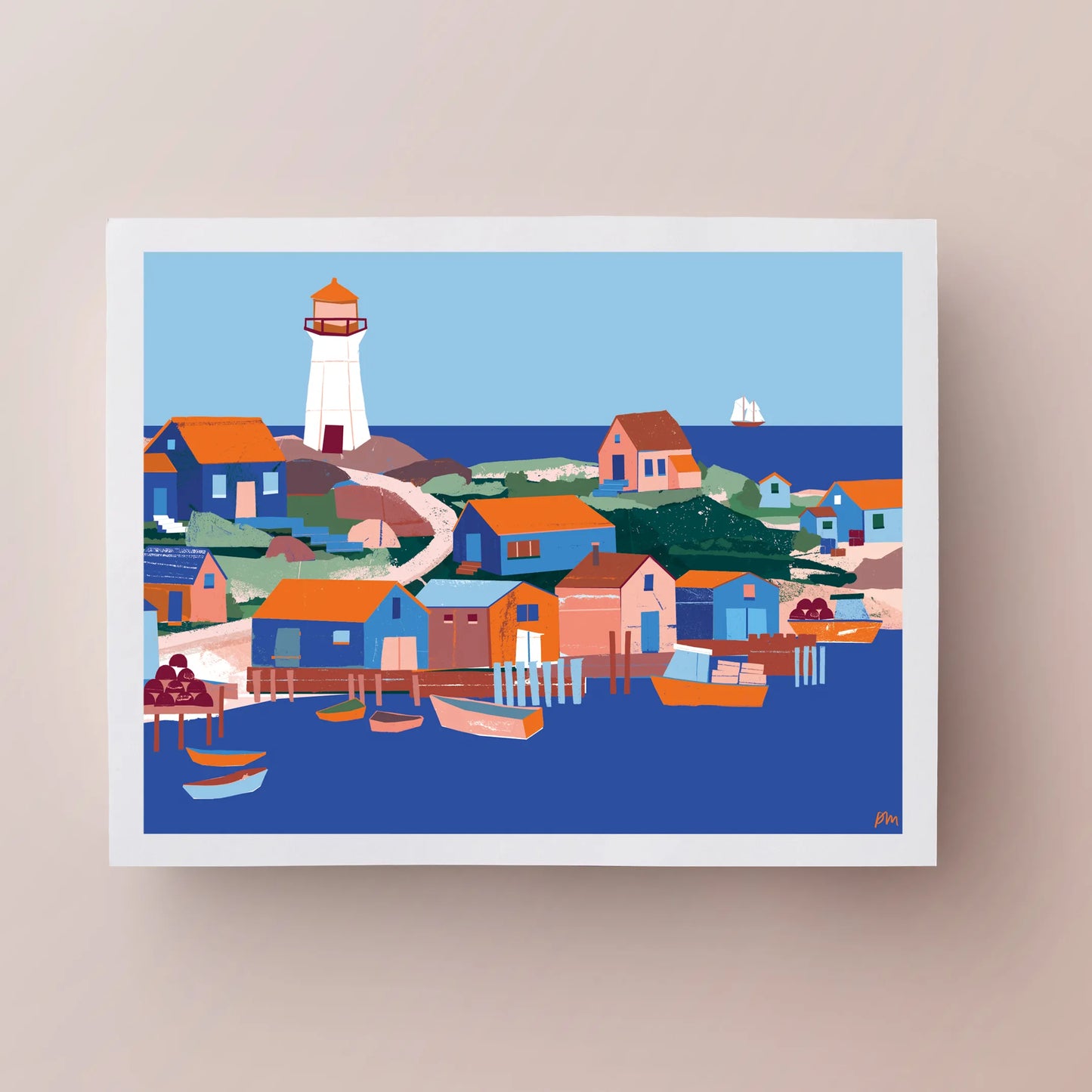Kautzi Illustrations 11×14 Fishing Village art print on a neutral background, featuring colourful coastal houses, boats, and a lighthouse inspired by Maritime fishing communities in Canada.