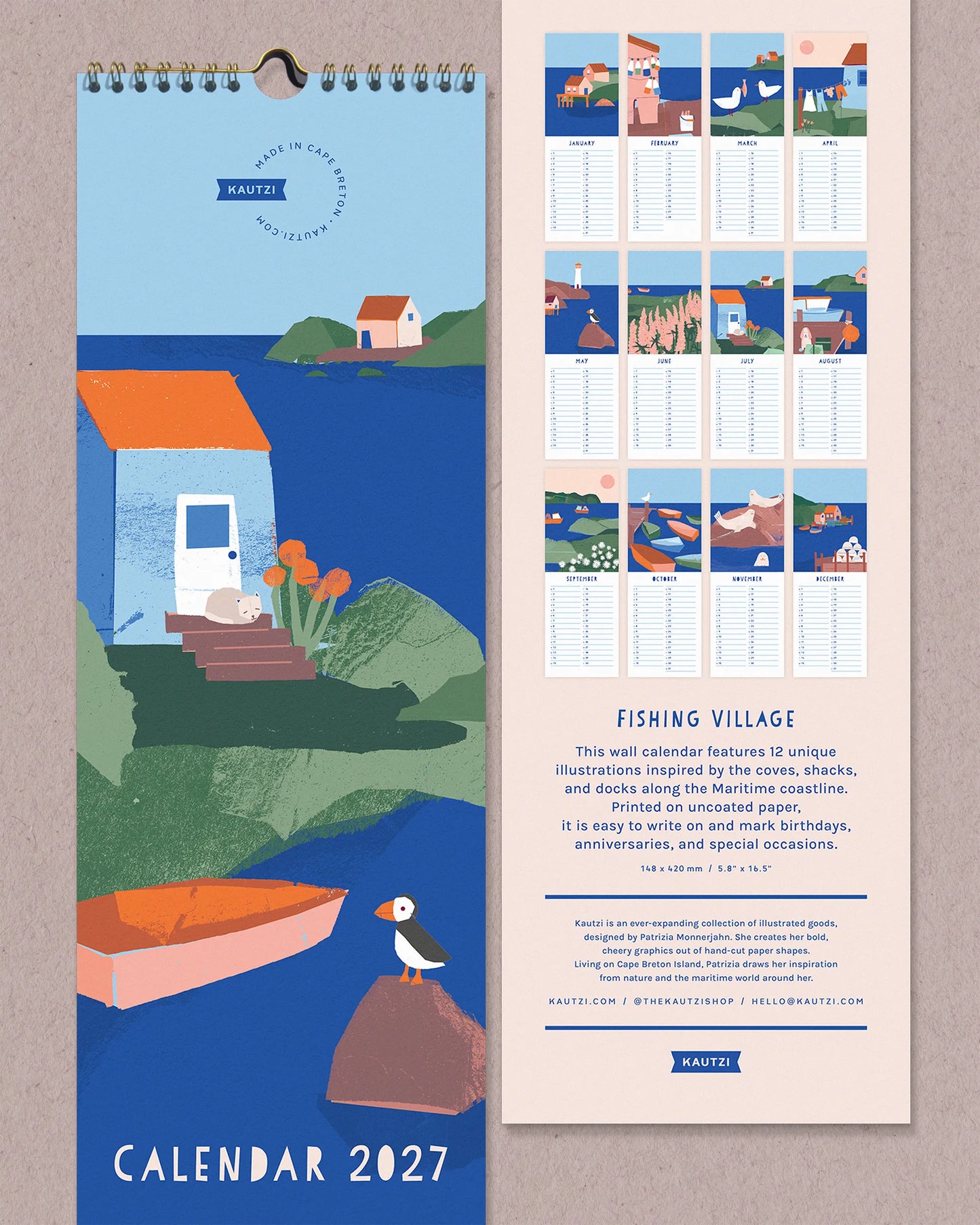 Two views of the 2027 "Fishing Village" wall calendar by Kautzi. On the left, the front cover features a hand-cut paper illustration of a coastal cottage, rowboat, and puffin on a sky blue background. On the right, the back side displays small previews of all 12 monthly pages, each with a unique fishing village illustration and lined space for writing.