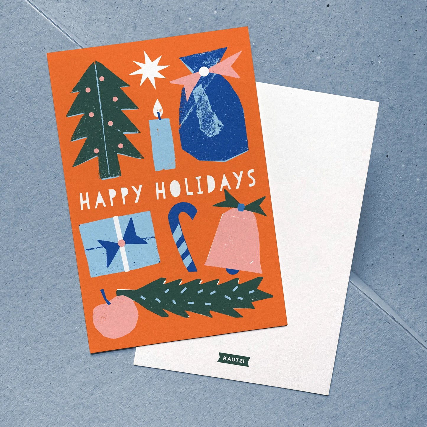 Front and back view of “Happy Holidays” flat card with bright orange background and festive motifs.