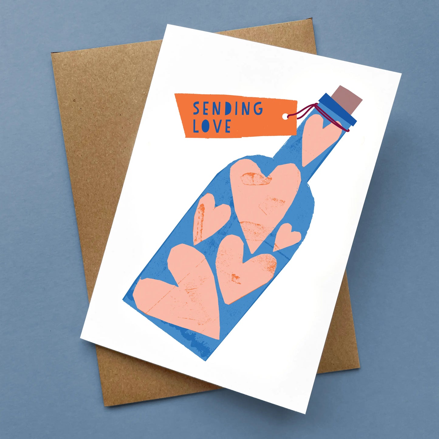 Kautzi Sending Love greeting card, blue bottle with pink hearts – Nova Scotia illustrated love card on recycled paper.