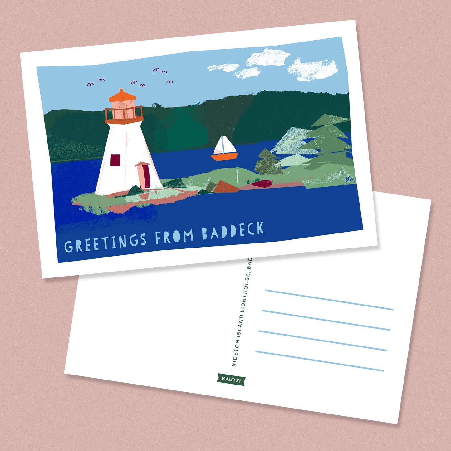 Front and back view of a 4x6 postcard titled "Greetings from Baddeck." The front features an illustrated scene of Kidston Island Lighthouse with a sailboat, trees, and mountains in the background. The back includes address lines, the label "Kidston Island Lighthouse, Baddeck," and the Kautzi logo at the bottom.