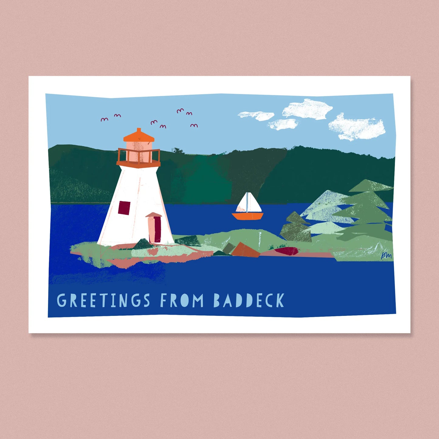 Front of a 4x6 postcard with an illustrated scene of Kidston Island Lighthouse in Baddeck, Nova Scotia. A sailboat floats on the lake with green hills and trees in the background. Text reads "Greetings from Baddeck."