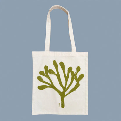 Kautzi rockweed tote bag screen-printed in olive green on natural cotton, flat view, Cape Breton, Nova Scotia, Canada.