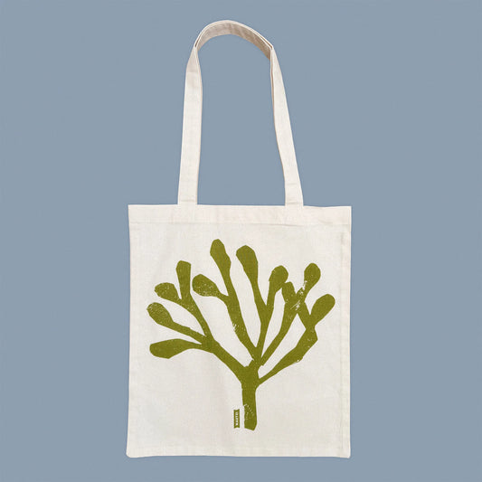Kautzi rockweed tote bag screen-printed in olive green on natural cotton, flat view, Cape Breton, Nova Scotia, Canada.