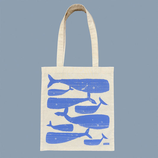 Kautzi whale tote bag screen-printed in blue on natural cotton, flat view, Cape Breton, Nova Scotia, Canada.