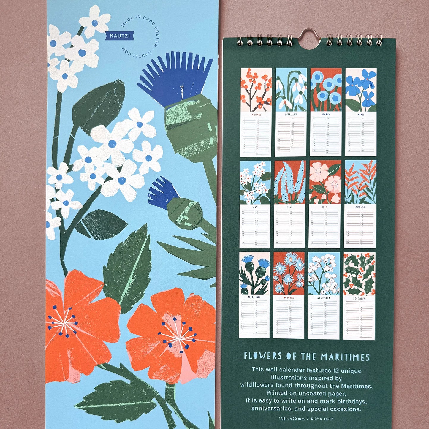 Two views of the 2026 “Flowers of the Maritimes” wall calendar by Kautzi. On the left, the front cover features bold cut-paper illustrations of pale pink mayflowers, red-orange wild roses, and a blue thistle on a sky blue background. On the right, the back side displays small previews of all 12 monthly pages, each with a unique floral illustration and lined space for writing. The background is deep green with text describing the calendar's features.