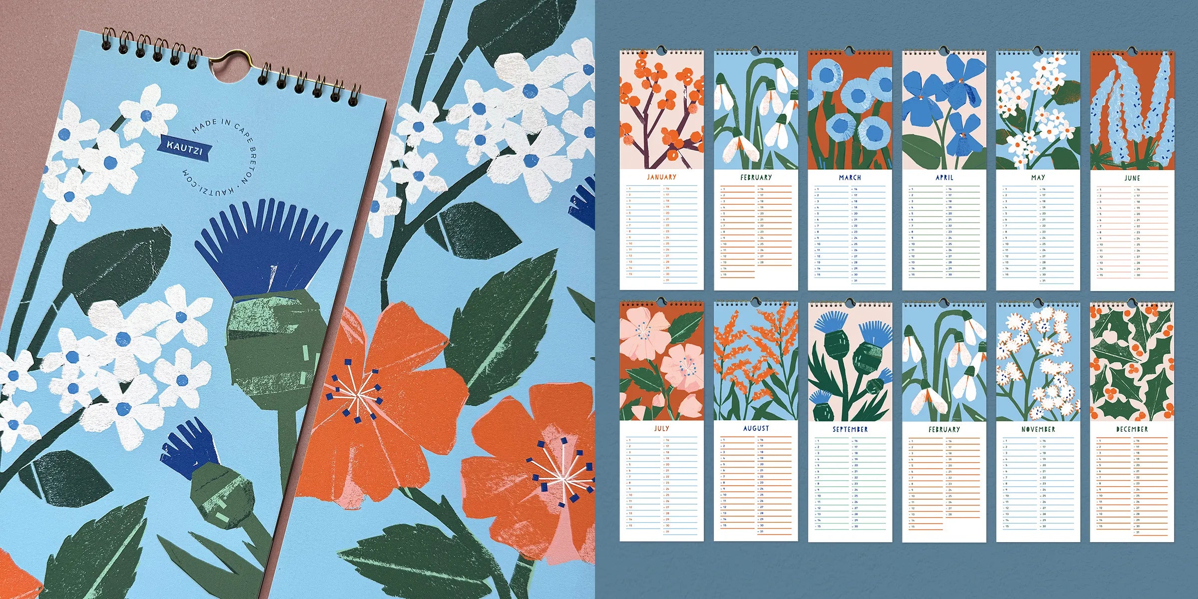 Side-by-side image showing close-up details and full monthly preview of the 2026 “Flowers of the Maritimes” wall calendar by Kautzi. On the left, a close-up of the cover’s layered paper-cut floral artwork, including mayflowers, wild roses, and thistles; on the right, all twelve monthly pages are shown, each featuring a unique wildflower illustration above lined writing space, from snowdrops in February to festive hollies in December.