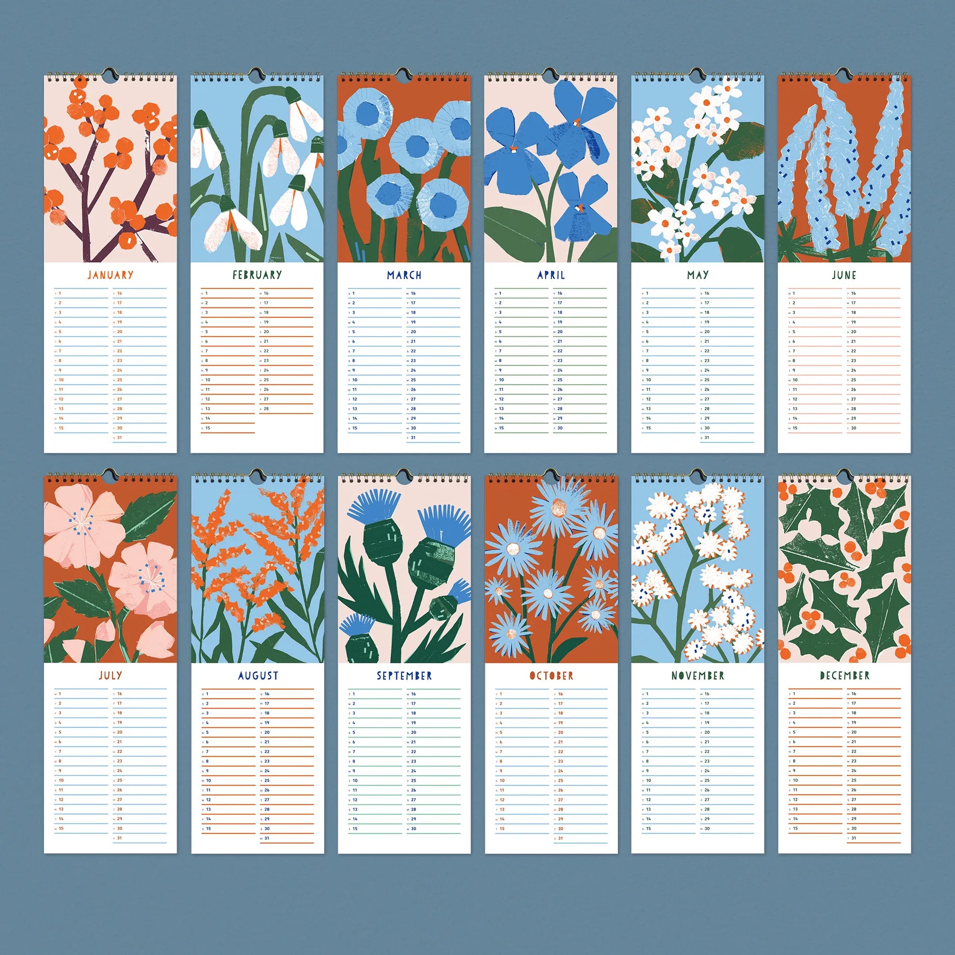 Twelve-month overview of the 2026 Kautzi wall calendar featuring floral paper cut illustrations inspired by the Maritimes