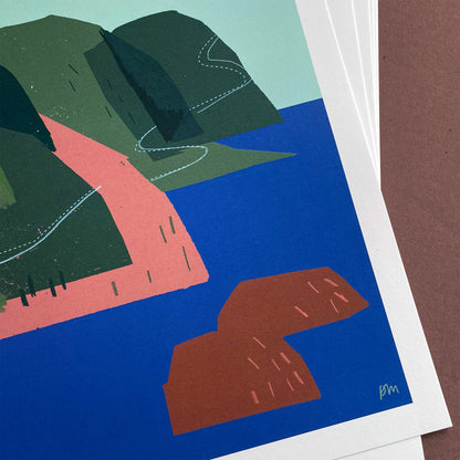 Kautzi Cabot Trail 11×14 art print, detail of coastal cliffs in green and terracotta with blue ocean – Cape Breton, Nova Scotia.