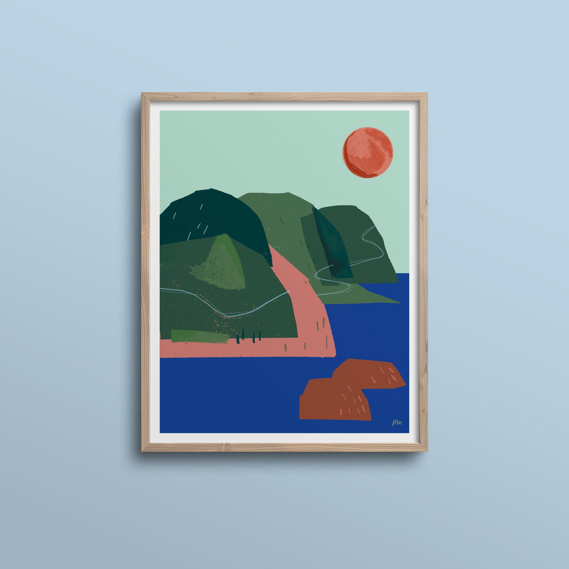 Kautzi Cabot Trail 11×14 art print, coastal cliffs in green and terracotta with blue ocean – Cape Breton, Nova Scotia.