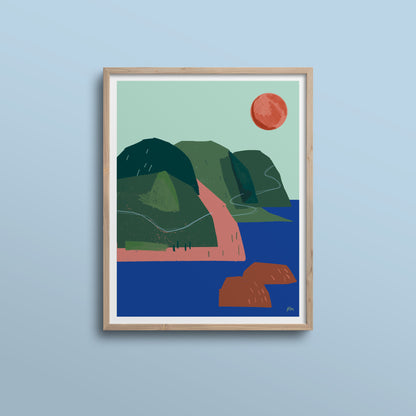 Kautzi Cabot Trail 11×14 art print, coastal cliffs in green and terracotta with blue ocean – Cape Breton, Nova Scotia.