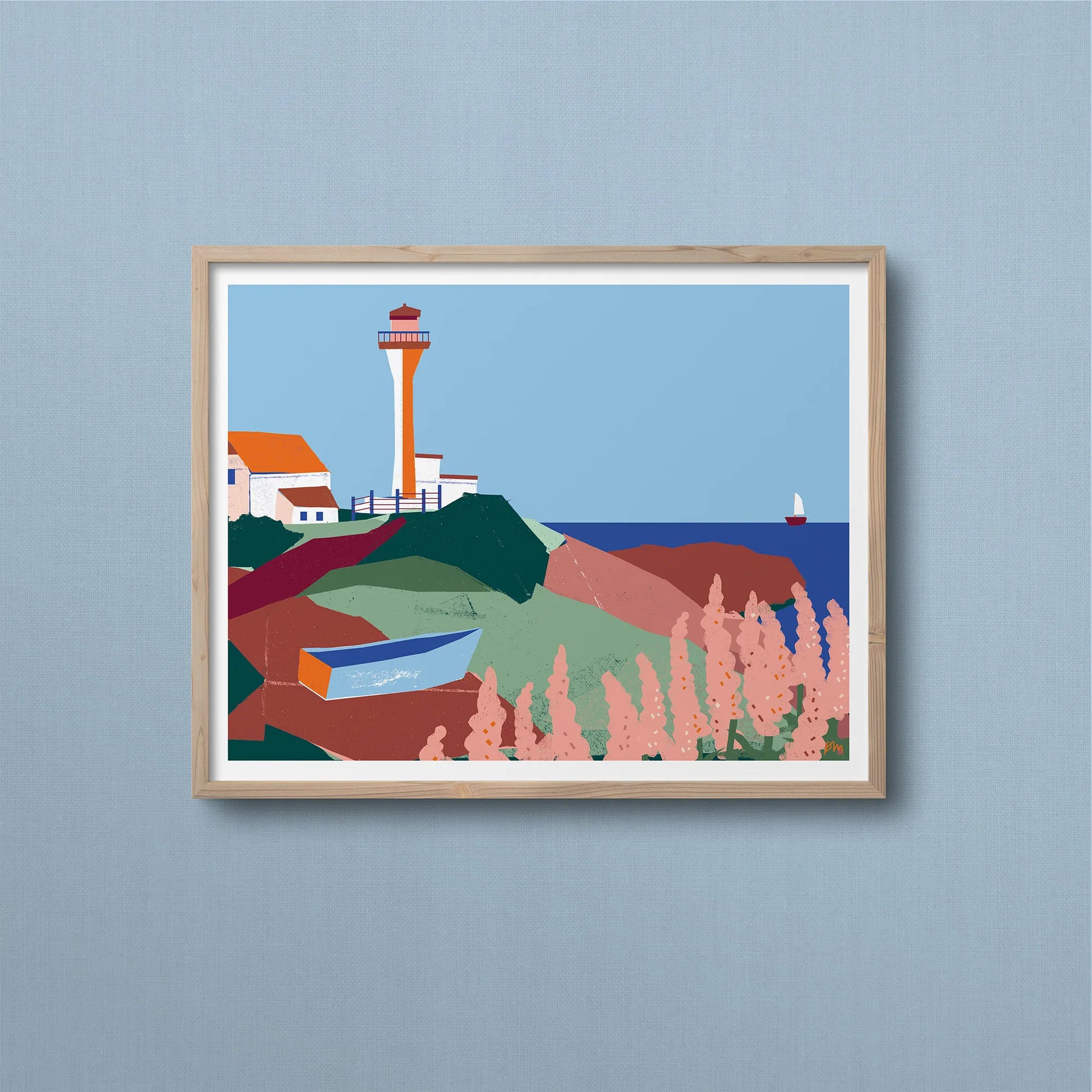 Kautzi’s Cape Forchu lighthouse art print displayed in a natural wood frame. Bold illustrated coastal scene from Nova Scotia, Canada, with the iconic orange-and-white tower, lush greens, and pink lupins in the foreground.