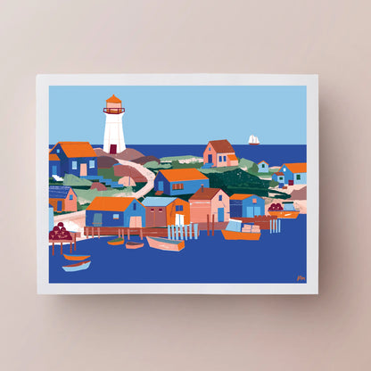 Kautzi Illustrations 11×14 Fishing Village art print on a neutral background, featuring colourful coastal houses, boats, and a lighthouse inspired by Maritime fishing communities in Canada.