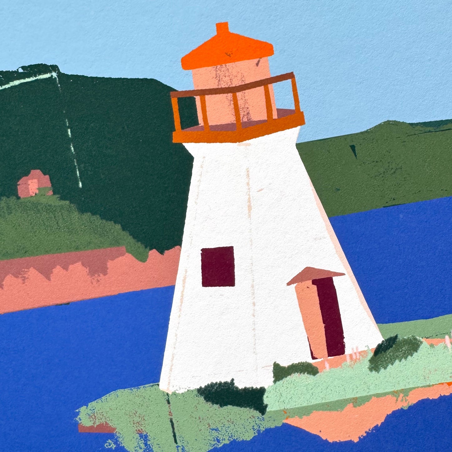 Kautzi Kidston Island Lighthouse 11×14 art print, detail of white lighthouse – Baddeck, Cape Breton, Nova Scotia.