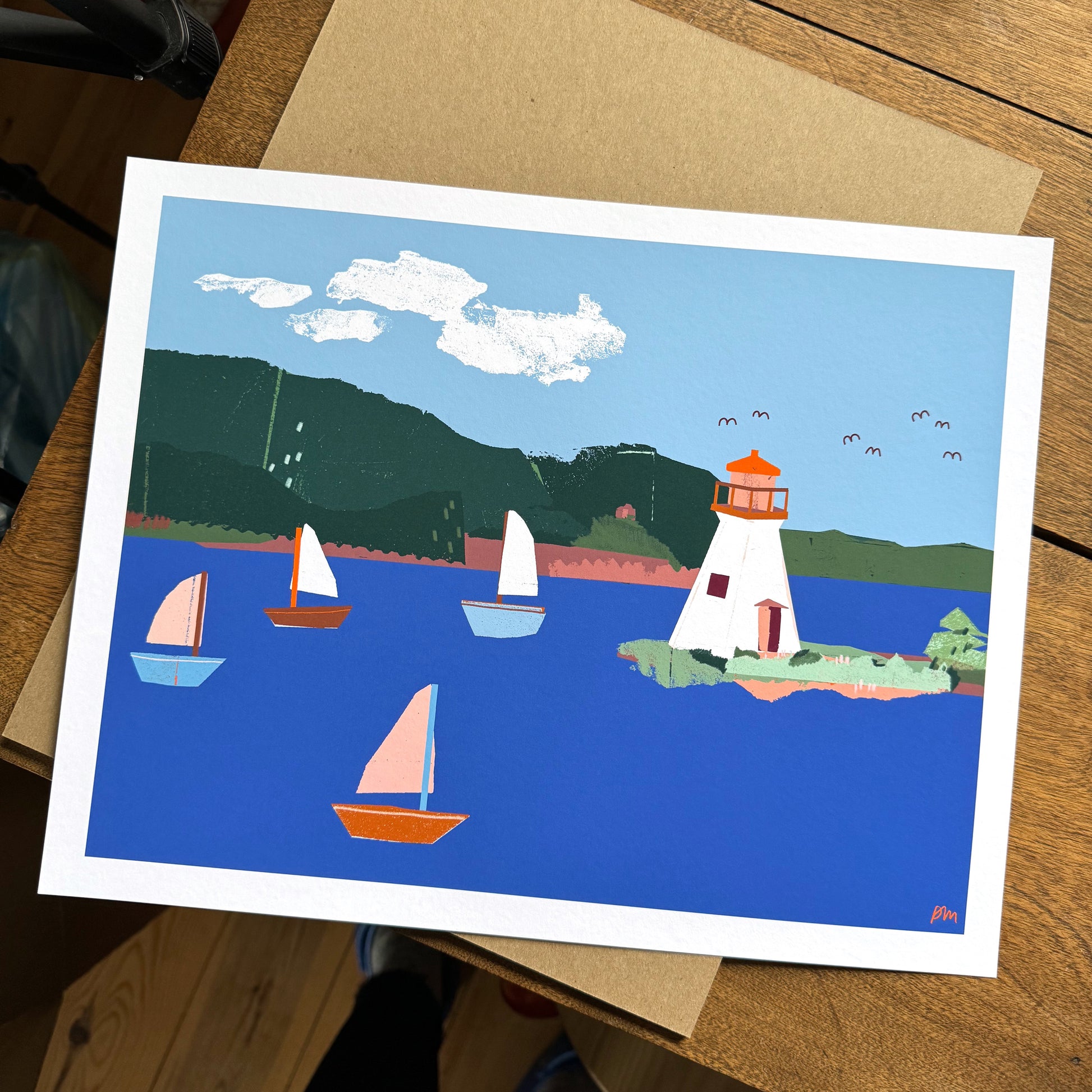 Kautzi Kidston Island Lighthouse 11×14 art print, white lighthouse and sailboats on blue water – Baddeck, Cape Breton, Nova Scotia.