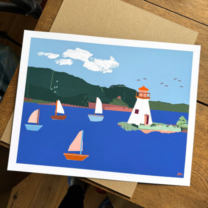 Kautzi Kidston Island Lighthouse 11×14 art print, white lighthouse and sailboats on blue water – Baddeck, Cape Breton, Nova Scotia.