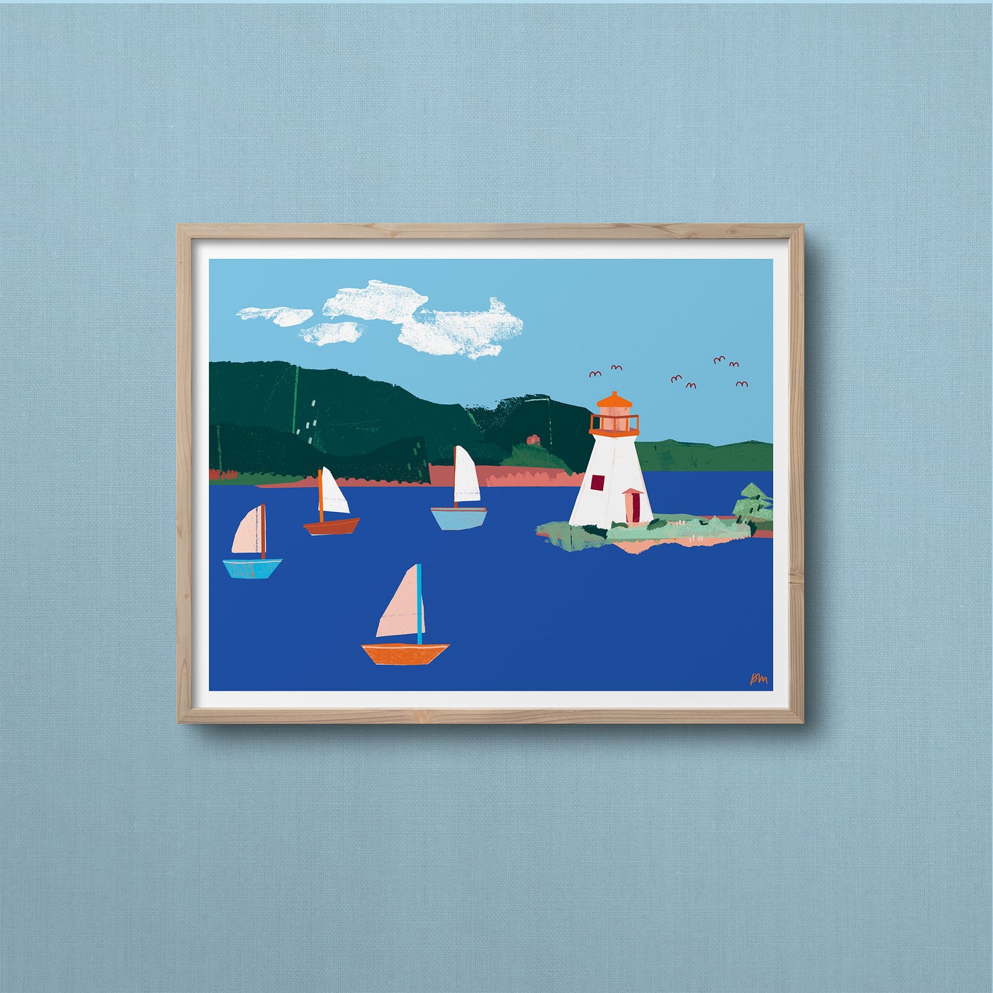 Kautzi Kidston Island Lighthouse 11×14 art print, white lighthouse and sailboats on blue water – Baddeck, Cape Breton, Nova Scotia.