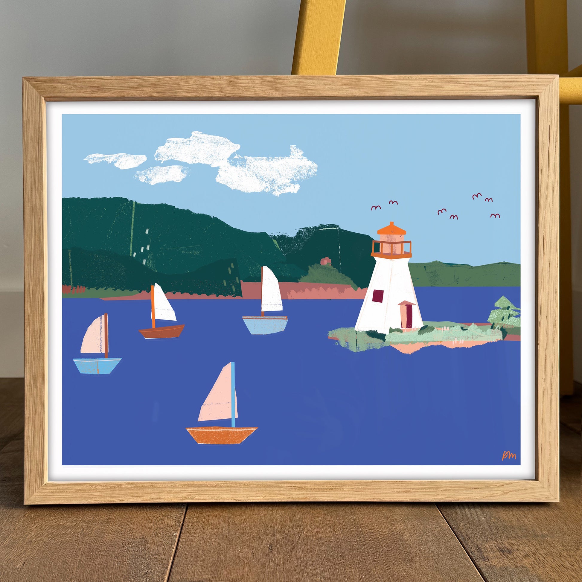 Kautzi Kidston Island Lighthouse 11×14 art print, white lighthouse and sailboats on blue water – Baddeck, Cape Breton, Nova Scotia.