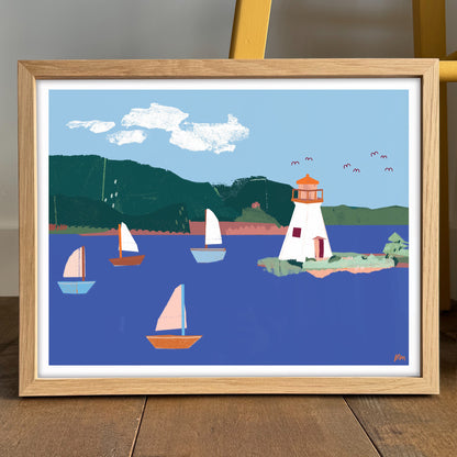 Kautzi Kidston Island Lighthouse 11×14 art print, white lighthouse and sailboats on blue water – Baddeck, Cape Breton, Nova Scotia.
