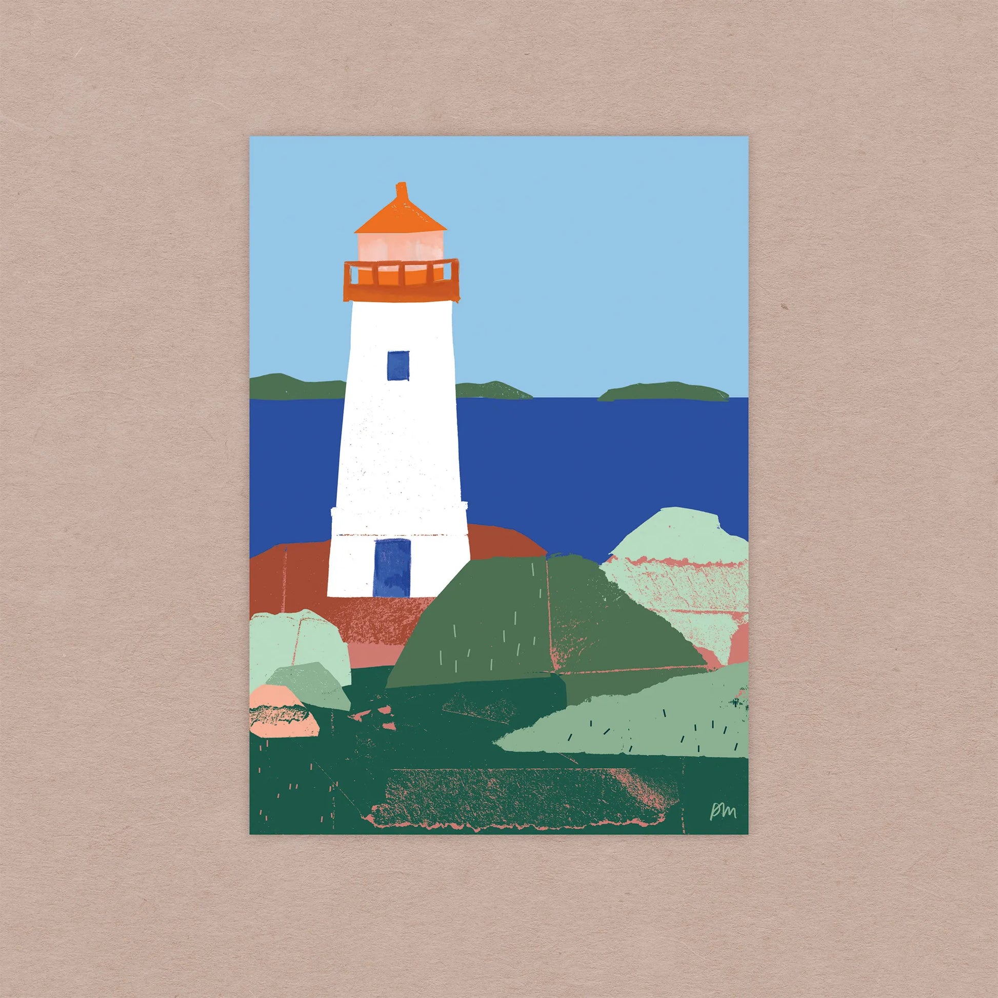 A 5×7 art print of the Louisbourg Lighthouse in Cape Breton, Nova Scotia, displayed on a kraft paper background, showing a white lighthouse with an orange lantern room surrounded by layered rocks and deep blue water in a bold, hand-cut paper illustration style.