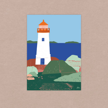 A 5×7 art print of the Louisbourg Lighthouse in Cape Breton, Nova Scotia, displayed on a kraft paper background, showing a white lighthouse with an orange lantern room surrounded by layered rocks and deep blue water in a bold, hand-cut paper illustration style.