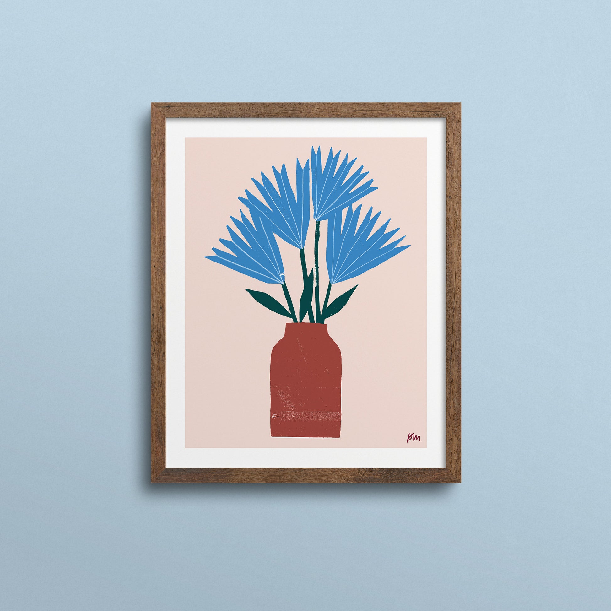 Kautzi Blue Flowers 8×10 art print, blue blooms in terracotta vase on blush background – Cape Breton, Nova Scotia.