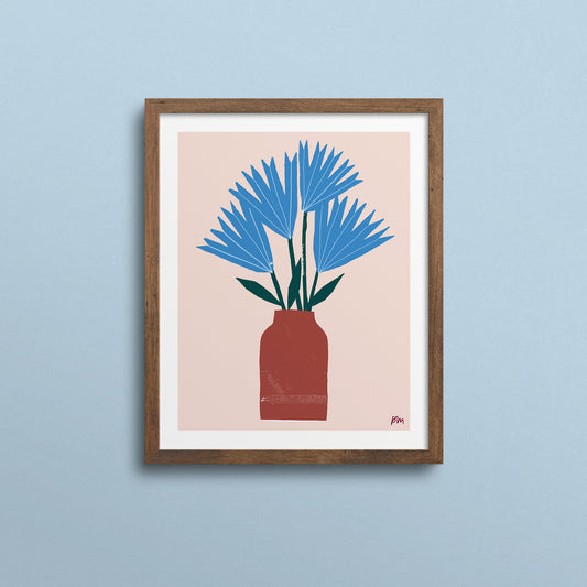 Kautzi Blue Flowers 8×10 art print, blue blooms in terracotta vase on blush background – Cape Breton, Nova Scotia.