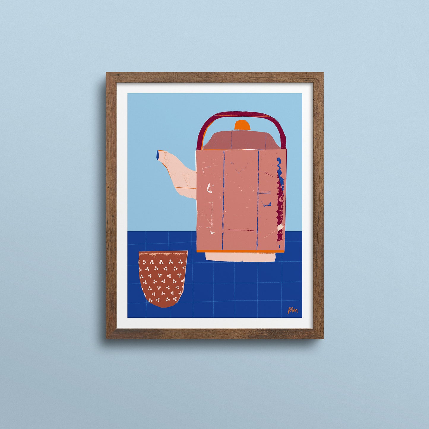 Kautzi Cup of Tea 8×10 art print, pink teapot and patterned cup on blue – Nova Scotia papercut illustration.
