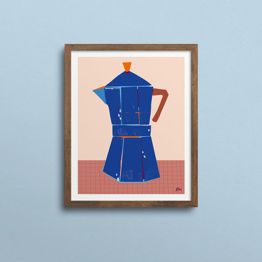Kautzi Espresso 8×10 art print, blue moka pot on pink background – Cape Breton, Nova Scotia.